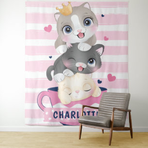 Stacked Cute Cartoon Cats Pink Distressed Stripes Tapestry