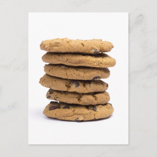 stacked delicious chocolate chip cookies postcard