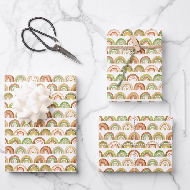 Stacked Earthy Rainbow Rows Pattern Wrapping Paper Sheets (Front)