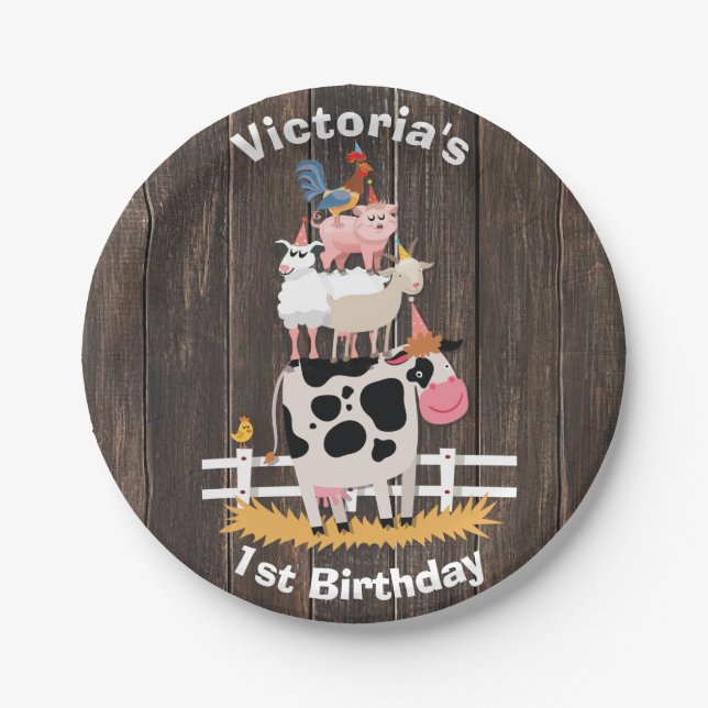 Stacked Farm Animals Barnyard Birthday Party Paper Plates (Front)