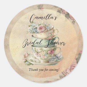 Stacked Floral Teacups Ephemera Bridal Shower Classic Round Sticker