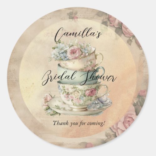 Stacked Floral Teacups Ephemera Bridal Shower Classic Round Sticker
