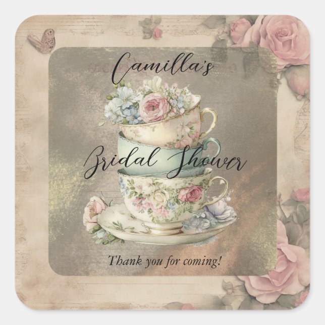 Stacked Floral Teacups Ephemera Bridal Shower Square Sticker (Front)