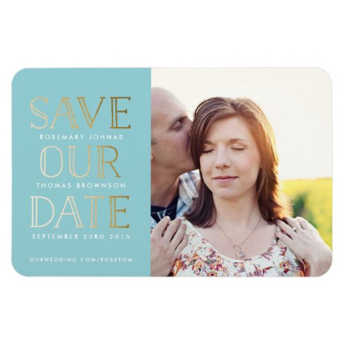 Stacked Gold on Aqua Photo Save the Date Magnet