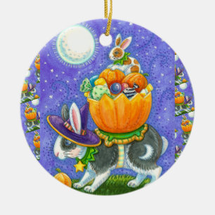 STACKED HALLOWEEN BUNNIES, CANDY CORN, COLORFUL  CERAMIC ORNAMENT