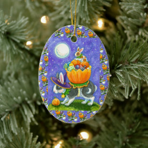 STACKED HALLOWEEN BUNNIES, CANDY CORN, COLORFUL CERAMIC ORNAMENT