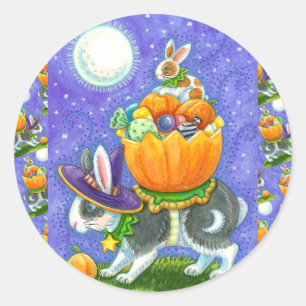 STACKED HALLOWEEN BUNNIES, CANDY CORN, COLORFUL CLASSIC ROUND STICKER
