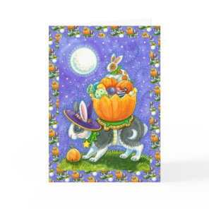STACKED HALLOWEEN BUNNIES, CANDY CORN, COLORFUL HOLIDAY CARD