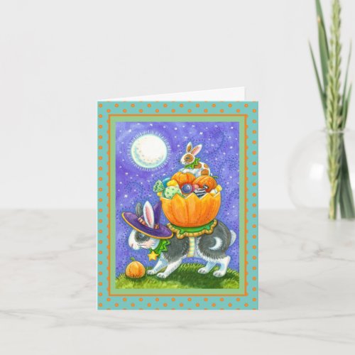 STACKED HALLOWEEN BUNNIES, CANDY CORN, COLORFUL HOLIDAY CARD