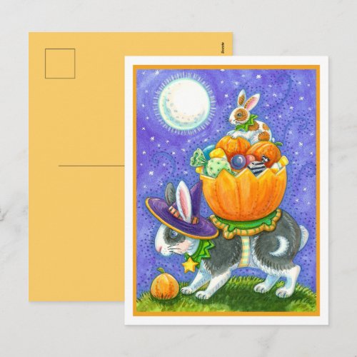 STACKED HALLOWEEN BUNNIES, CANDY CORN, COLORFUL  HOLIDAY POSTCARD