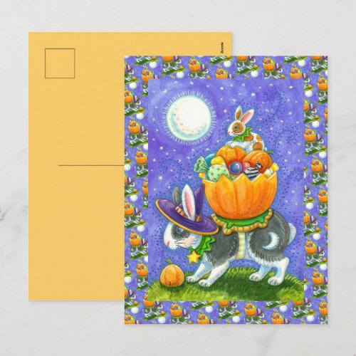 STACKED HALLOWEEN BUNNIES, CANDY CORN, COLORFUL  HOLIDAY POSTCARD