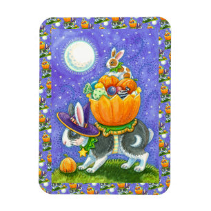 STACKED HALLOWEEN BUNNIES, CANDY CORN, COLORFUL MAGNET