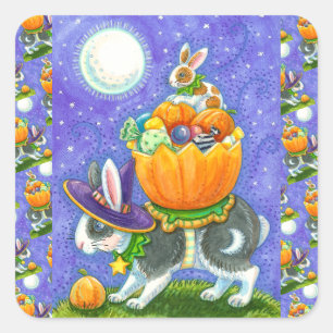 STACKED HALLOWEEN BUNNIES, CANDY CORN, COLORFUL SQUARE STICKER