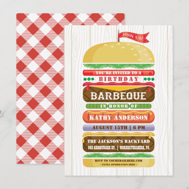 Stacked Hamburger Birthday BBQ Woodgrain Invitation (Front/Back)