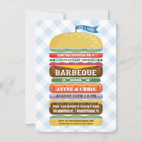Stacked Hamburger Boy Baby Shower Barbecue Personalized Announcements