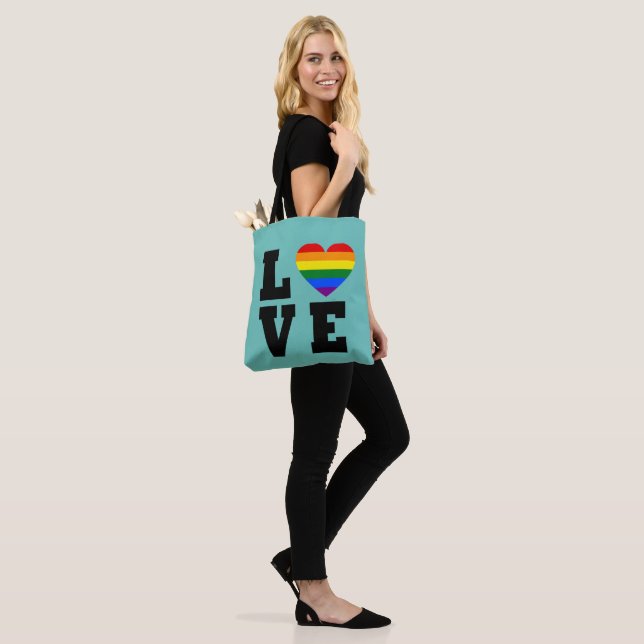 Stacked Love Rainbow Tote Bag - Blue Casual Style (On Model)