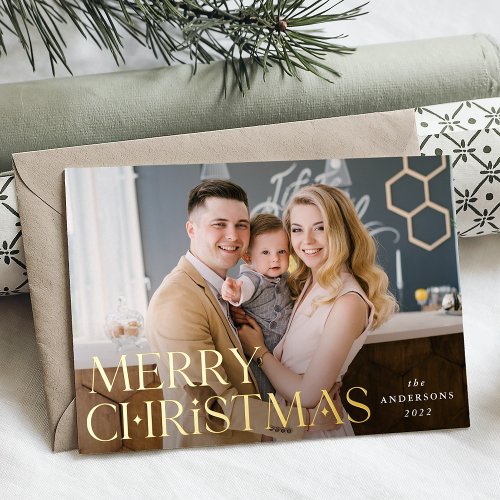 Stacked Merry Christmas Photo Gold Foil Holiday Card