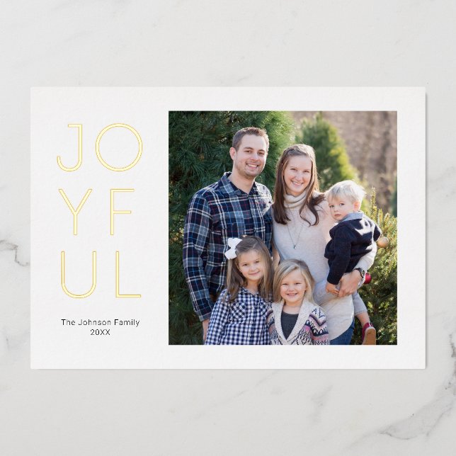 Stacked Modern Joyful Christmas Photo Foil Holiday Card (Front)