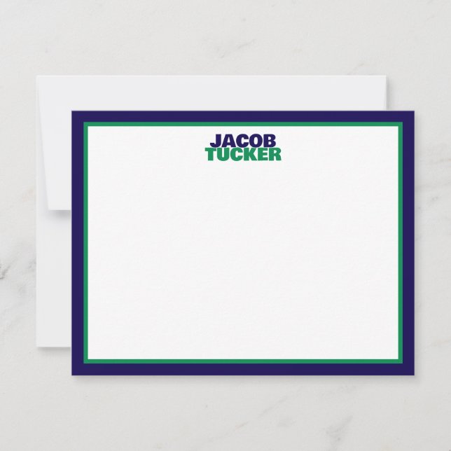 Stacked Name Navy Green Border Preppy Stationery Note Card (Front)
