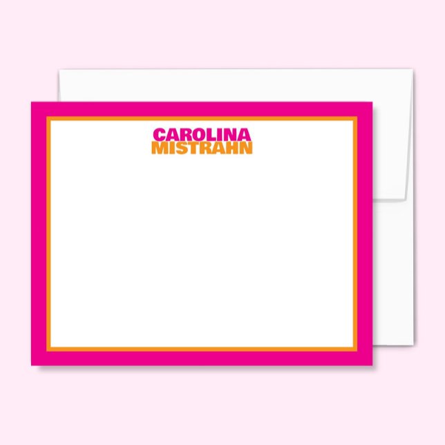 Stacked Name Pink Orange Border Cute Stationery Note Card (Creator Uploaded)
