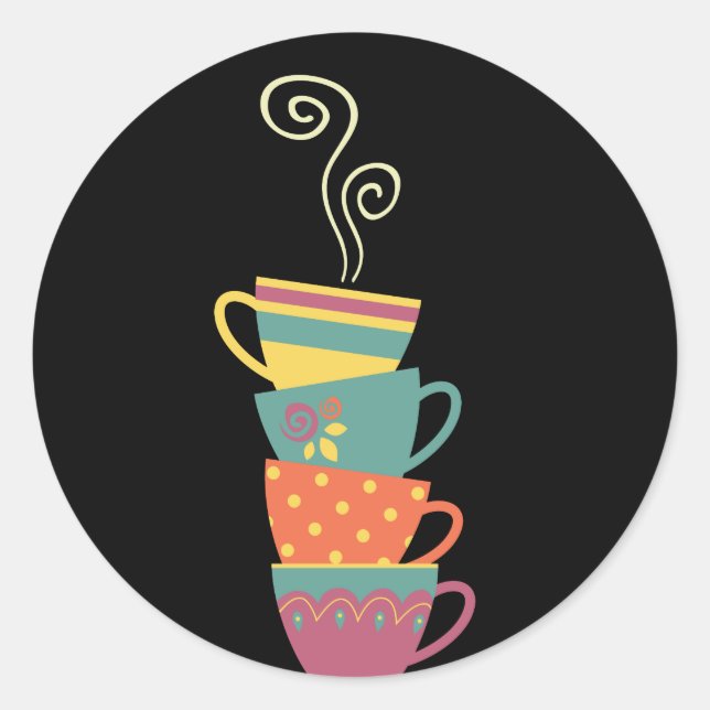 Stacked porcelain cuprs, tea, coffee steam swirl classic round sticker (Front)