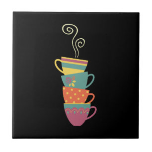Stacked porcelain cuprs, tea, coffee steaming  ceramic tile
