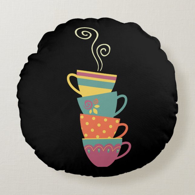 Stacked porcelain cups, tea, coffee steaming round pillow (Front)