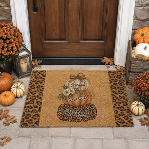 Stacked Pumpkins Animal Print Thankful Blessed Fiber Doormat