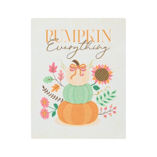 Stacked Pumpkins Fall Leaves Autumn Boho Florals  Metal Print