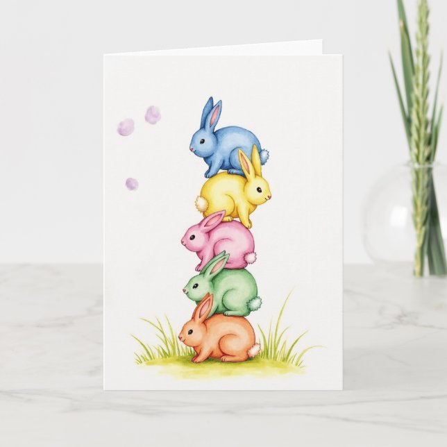 Stacked Rabbits Watercolor Art Card (Front)