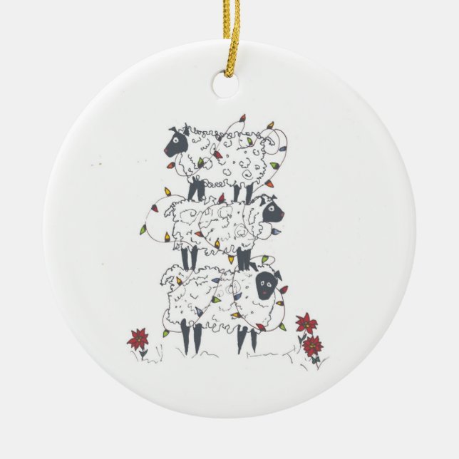 Stacked Sheep at Christmas Ceramic Ornament (Front)