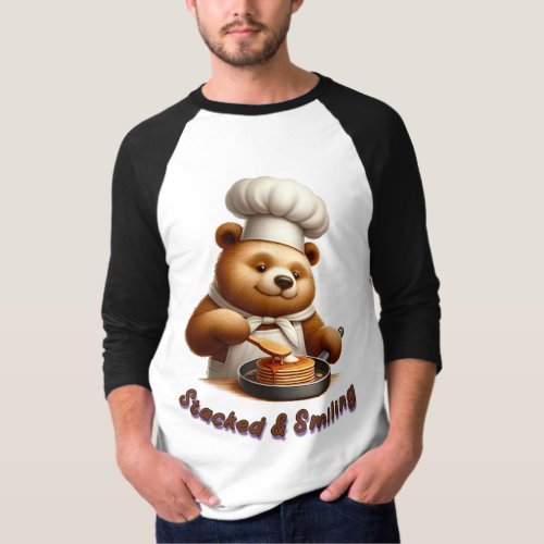 Stacked  Smiling Chef Bear Cooking Pancakes T_Shirt