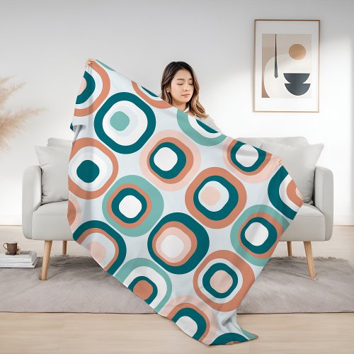 Stacked Squares Mid Century Mod Teal Peach Fleece Blanket