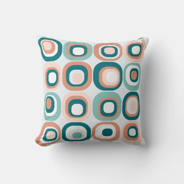 Stacked Squares Mid Century Mod Teal, Peach Throw Pillow (Front)