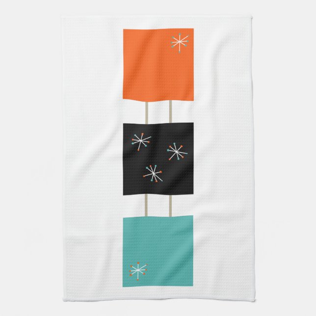 Stacked Squares Turquoise Orange Black Mid Century Kitchen Towel (Vertical)