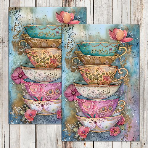 STACKED TEA CUPS DECOUPAGE TISSUE PAPER