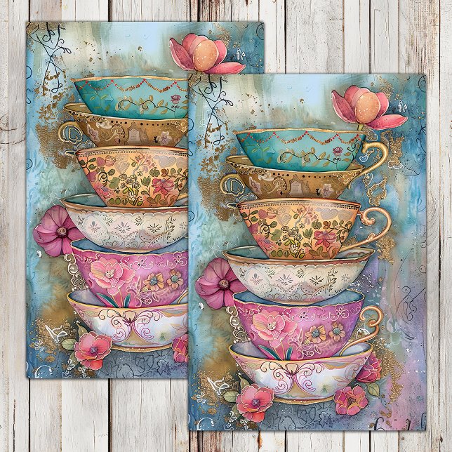 STACKED TEA CUPS DECOUPAGE TISSUE PAPER (STACKED TEA CUPS DECOUPAGE TISSUE PAPER)
