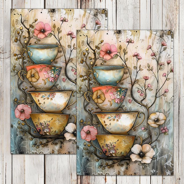 STACKED TEA CUPS DECOUPAGE TISSUE PAPER (STACKED TEA CUPS DECOUPAGE TISSUE PAPER)
