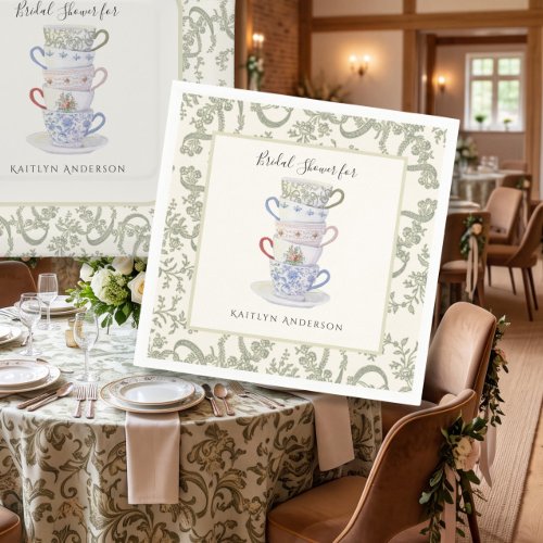 Stacked Teacup Vintage Ribbon Floral Bridal Tea Napkins