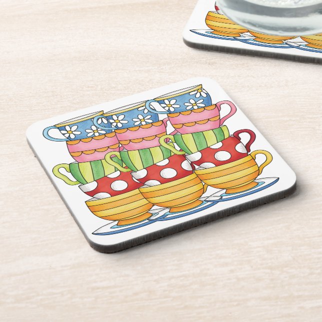 Stacked Teacups Teatime Illustration Beverage Coaster (Left Side)