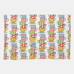 Stacked Teacups Teatime Illustration Kitchen Towel
