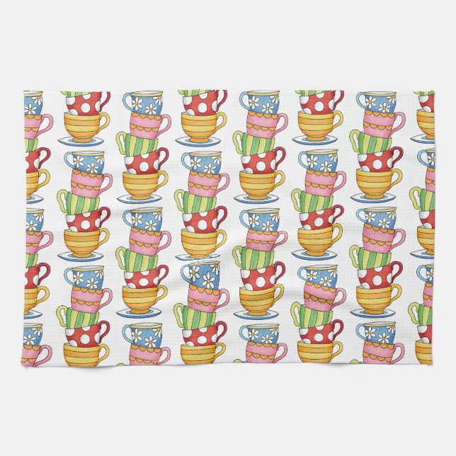 Stacked Teacups Teatime Illustration Kitchen Towel (Horizontal)