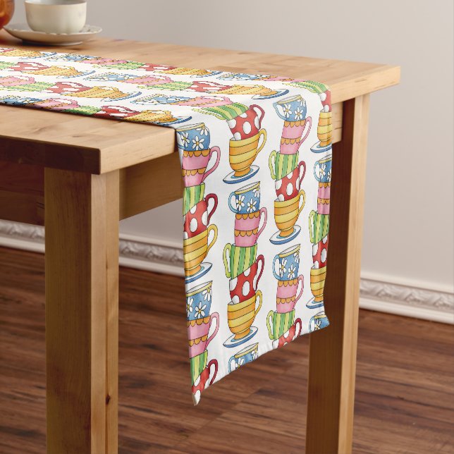 Stacked Teacups Teatime Illustration Short Table Runner (In Situ)