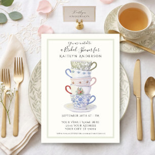 Stacked Teacups Vintage Watercolor Mint Bridal Tea