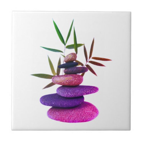 Stacked zen stones in balance with bamboo leaves  ceramic tile