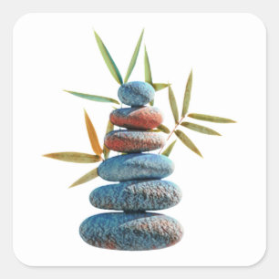 Stacked zen stones in balance with bamboo leaves.  square sticker