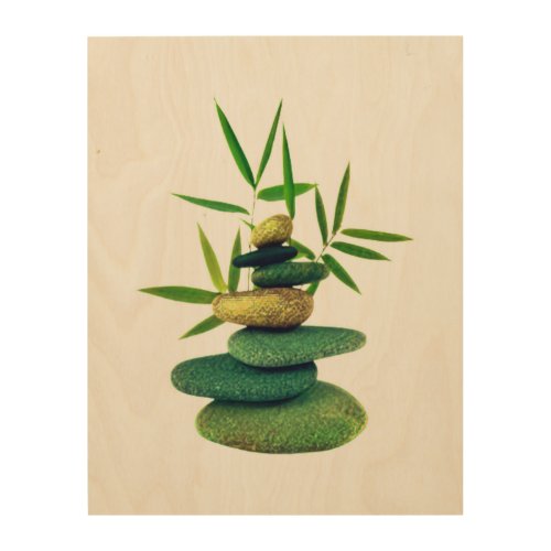 Stacked zen stones in balance with bamboo leaves  wood wall art