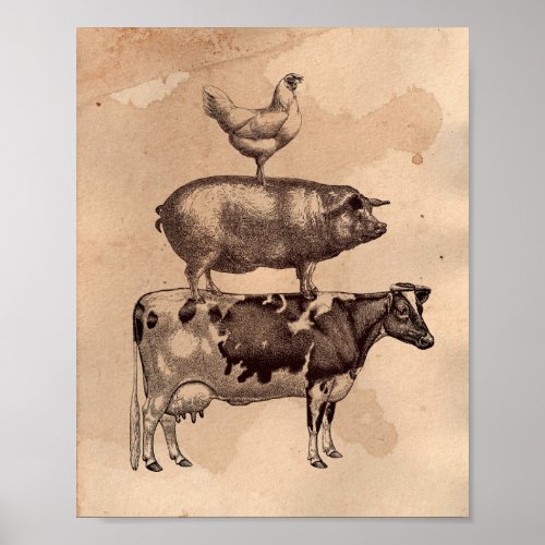 Stacking farm animals Tea Stained Paper Poster