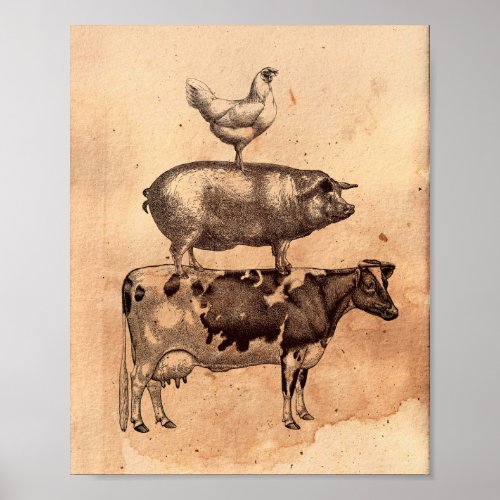 Stacking farm animals Tea Stained Paper Poster