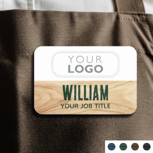 Staff Employee Woodgrain Rustic Company Logo Green Name Tag